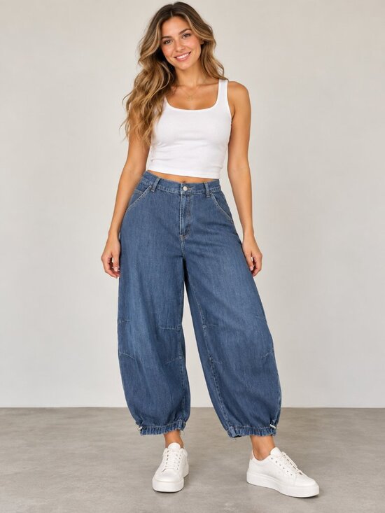 GAP Denim - GAP Women's Barrel Leg Baggy Jeans 31/12 Short Blue Drawstring Hem
